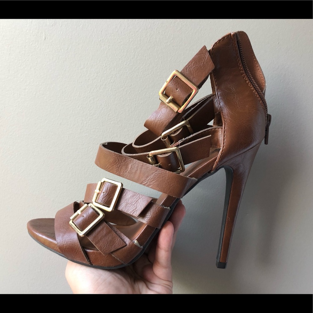NWOT: Brown faux leather cage stiletto heels